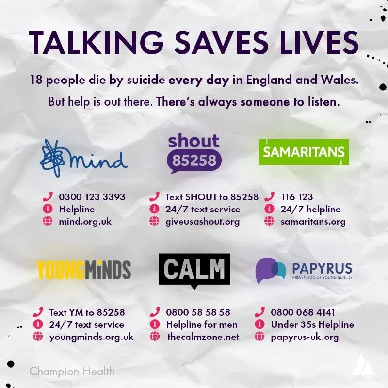 Talking Saves Lives infographic listing UK mental health helplines to support workplace health