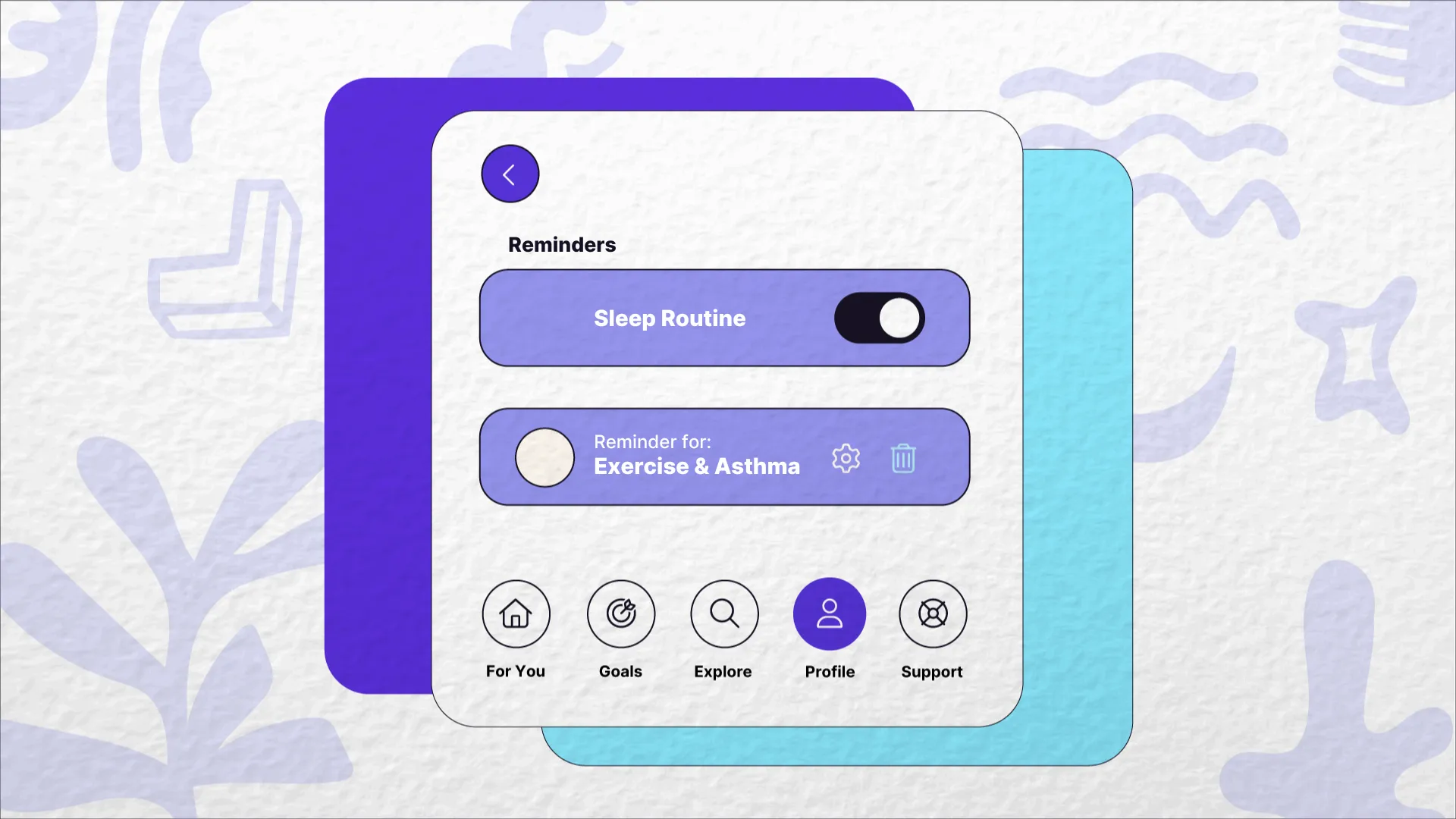 Illustration of a wellbeing app with sleep and exercise reminders for people leaders practising self-care