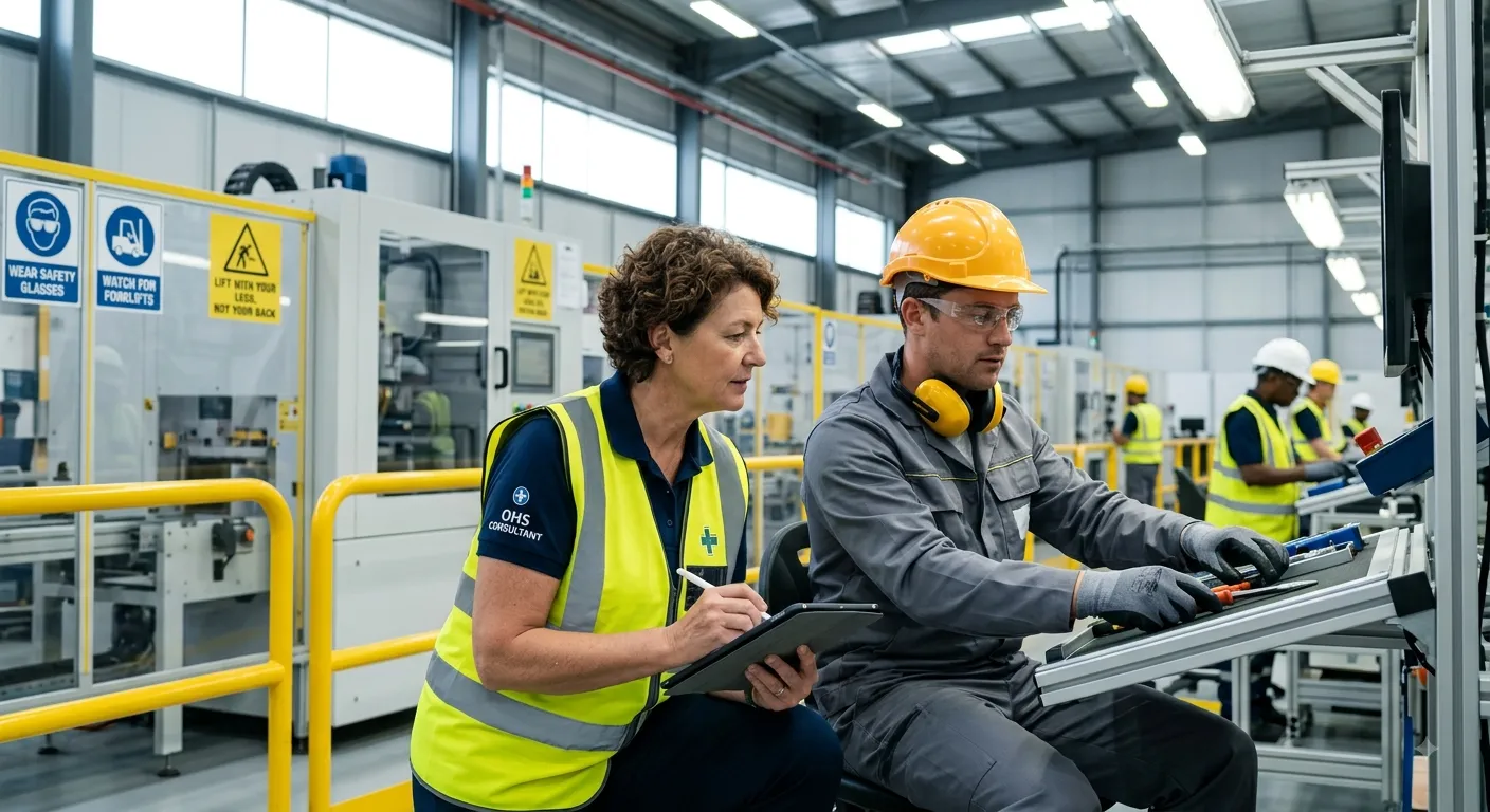 Occupational health consultant using digital software to assess a factory worker in the UK