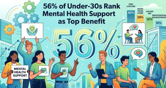 Illustration showing mental health support as key to retaining young workers, valued by 56% of under-30s