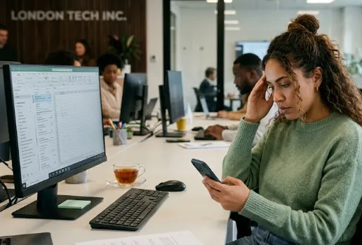 Stressed employee using her phone beside a computer, representing UK employee stress management software