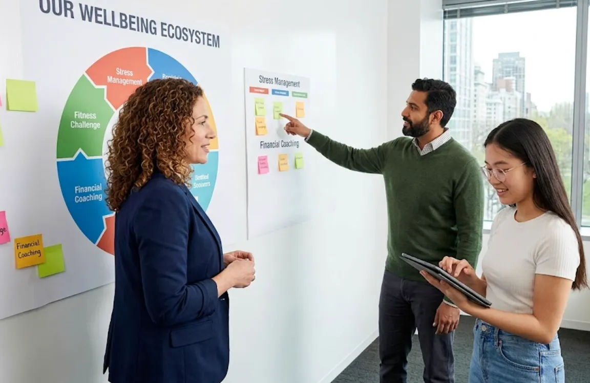 Team planning UK employee wellbeing solutions across stress, fitness and financial support